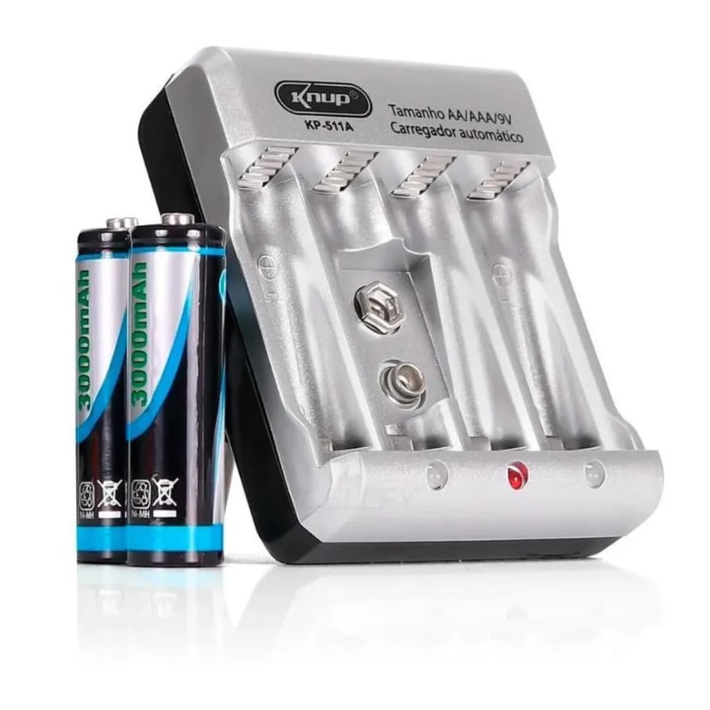 Carregador de Pilhas Recarregáveis Bivolt 9V AA & AAA c/ Pilhas Knup