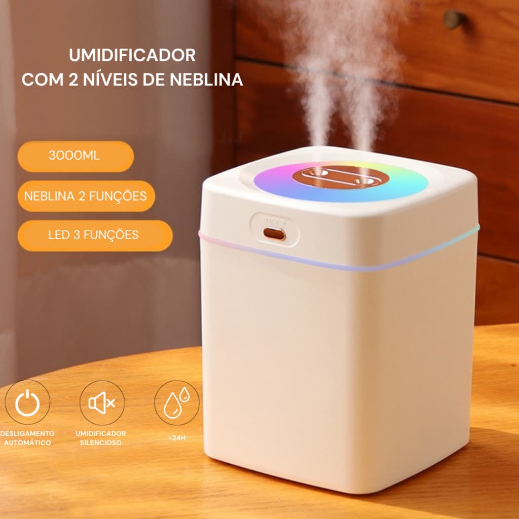 Umidificador Grande 3000ML Com Saída Dupla Luzes LED's Neblinas Controláveis Coloridas Silencioso