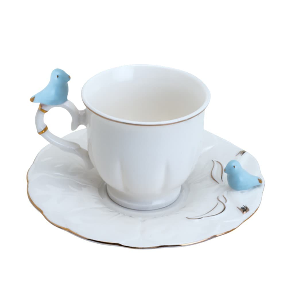 Xícara de Café Porcelana Birds Azul e Branca Fio Dourado Pássaro com Pires 100ml Wolff