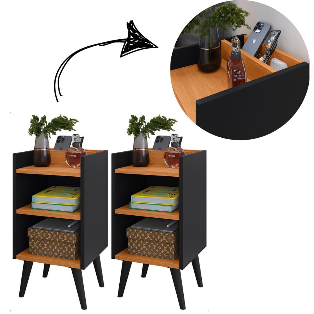 Kit 2 Criados-Mudos Compactos com Porta-Celular e Pés Retrô Mesa Lateral  Apoio Designer Moderno Quarto