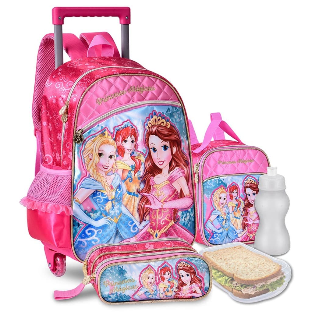Kit Mochila Infantil Princesas Feminina Escolar Carrinho
