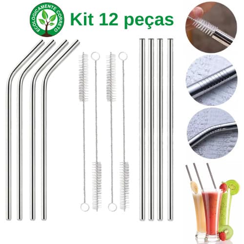 Kit 12 Peças Canudo Reto, Curvo e Escovinha Limpeza Inox 08 Canudos 04 Escovas