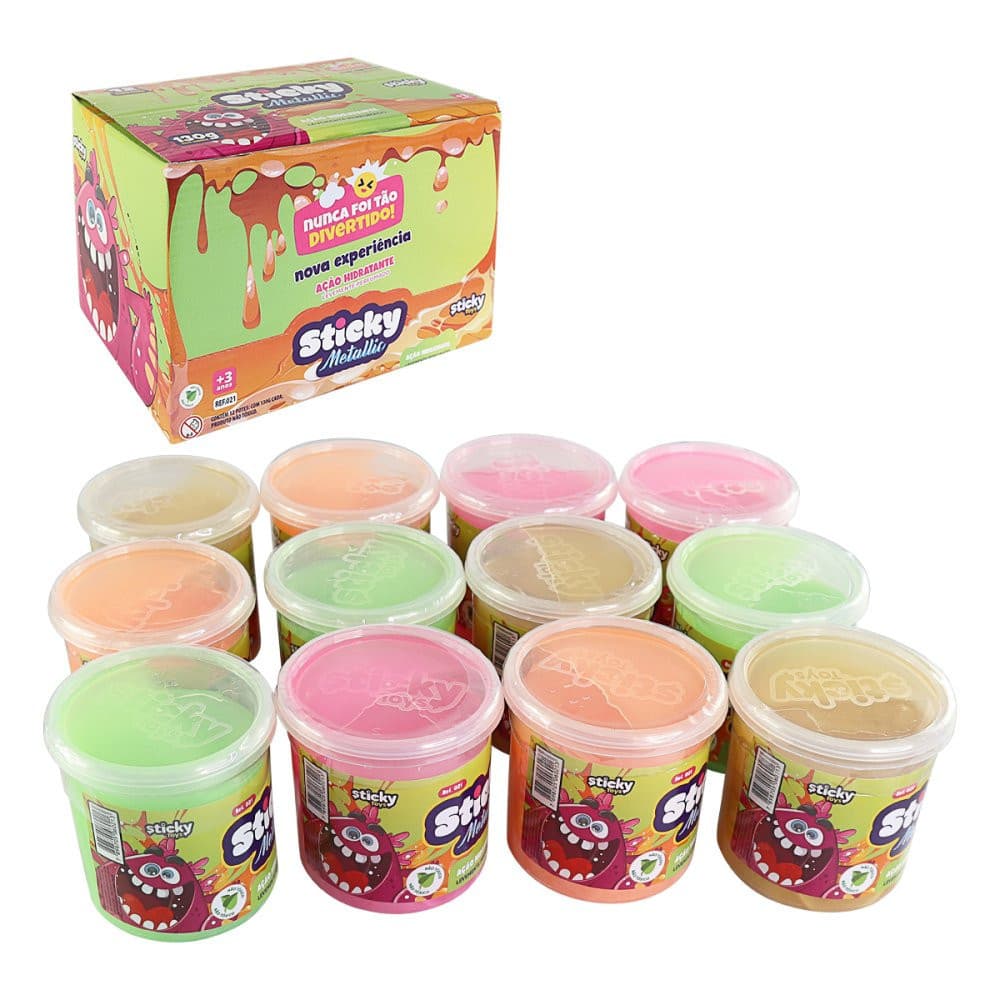 Caixa com 12 Potes de Slime Geleca 130g Coloridas - Sortido