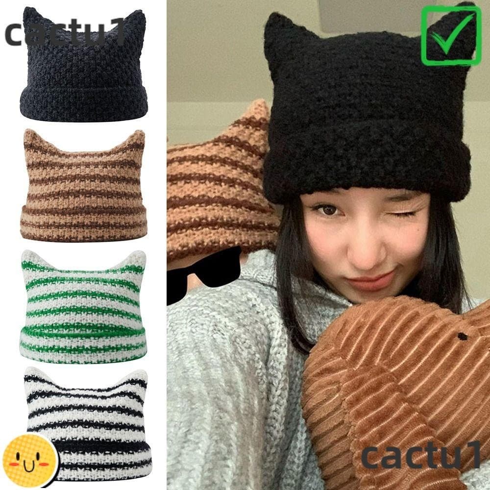CACTU Chapéu Japonês Gorro Unissex Fofo Gato Orelhas Femininos Chapéus Outono Inverno Listrado