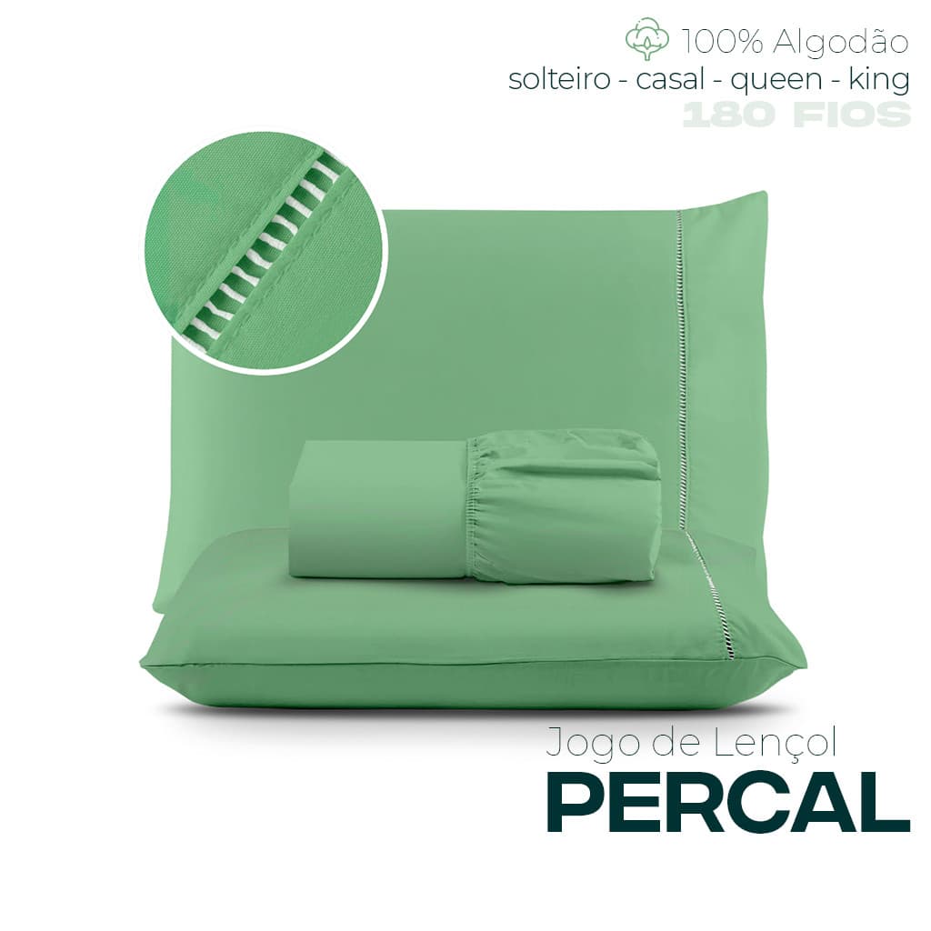 Jogo Lençol PERCAL LISO - 100% Algodão Ponto Palito - Solteiro Casal Queen e King Size Cama