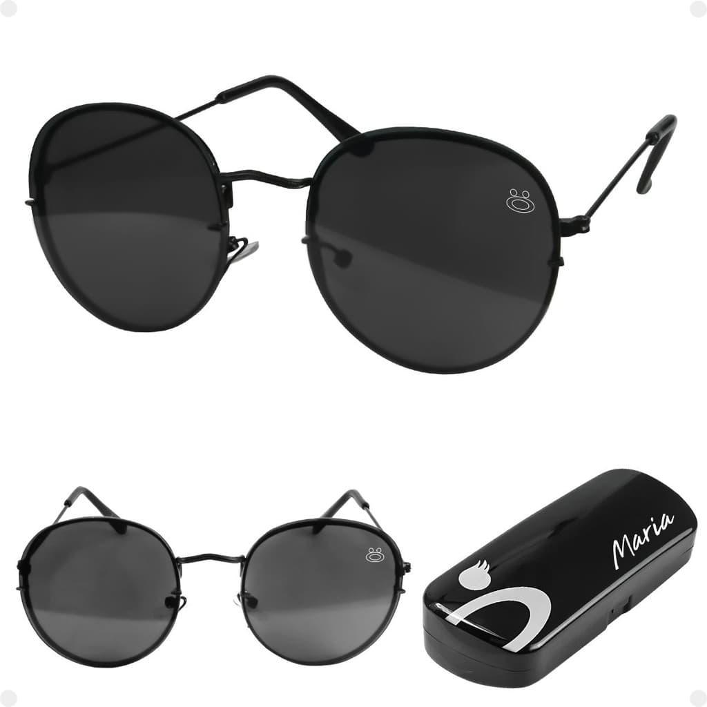 oculos sol feminino preto aço inoxidavel casual praia + case maria redondo armação preta verão moda