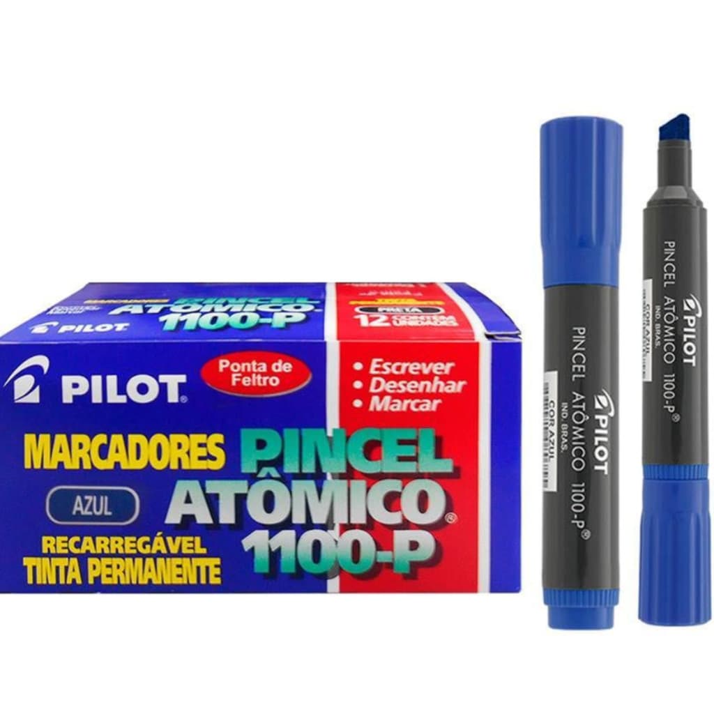 Caixa Com 12 Marcador Pincel Permanente Atômico 1100-p Recarregável Azul Pilot
