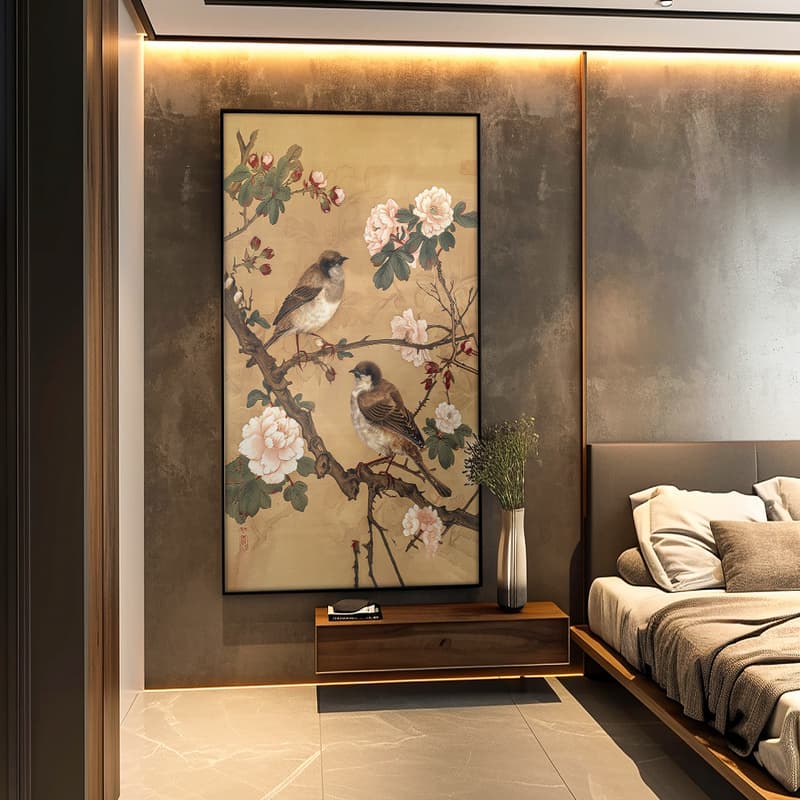 Quadro Decorativo 110x80cm Passarinhos nos Galhos  Hall da Luxo Sala Quarto Casa Decoração De Parede Mdf Adesivo