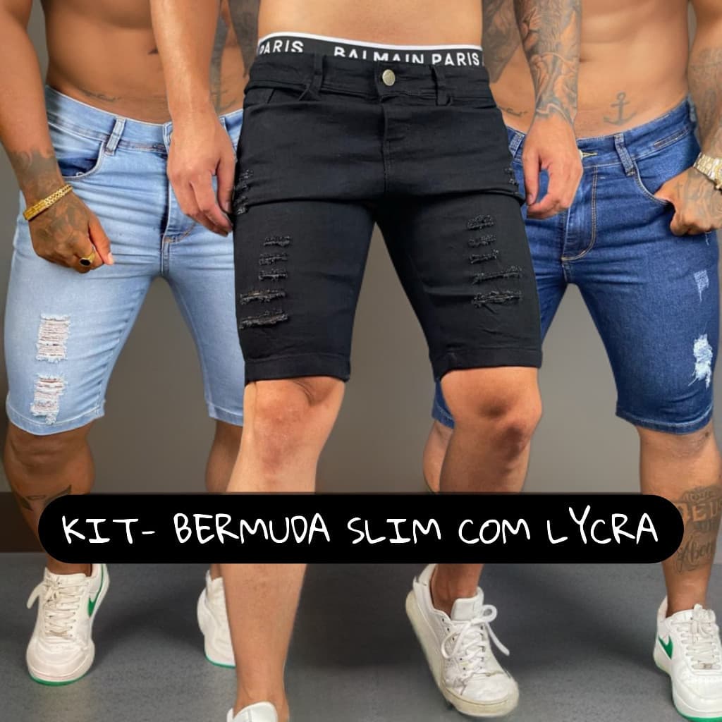 KIT 3 Bermuda JEANS Masculina SLIM  COM LYCRA Destroyed ALTO PADRAO