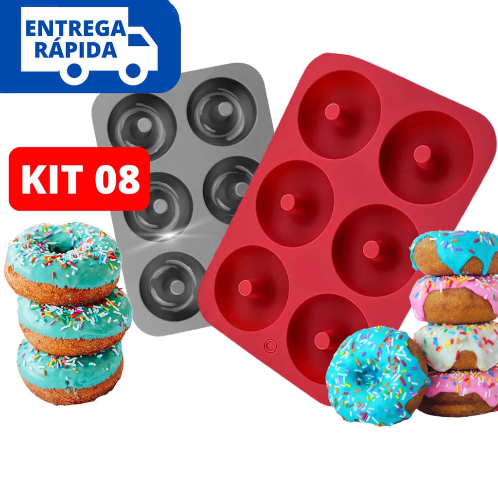 Kit 08 Forma Silicone Para Donuts e Rosquinhas Doces Mini Pudim Molde Antiaderente Premium