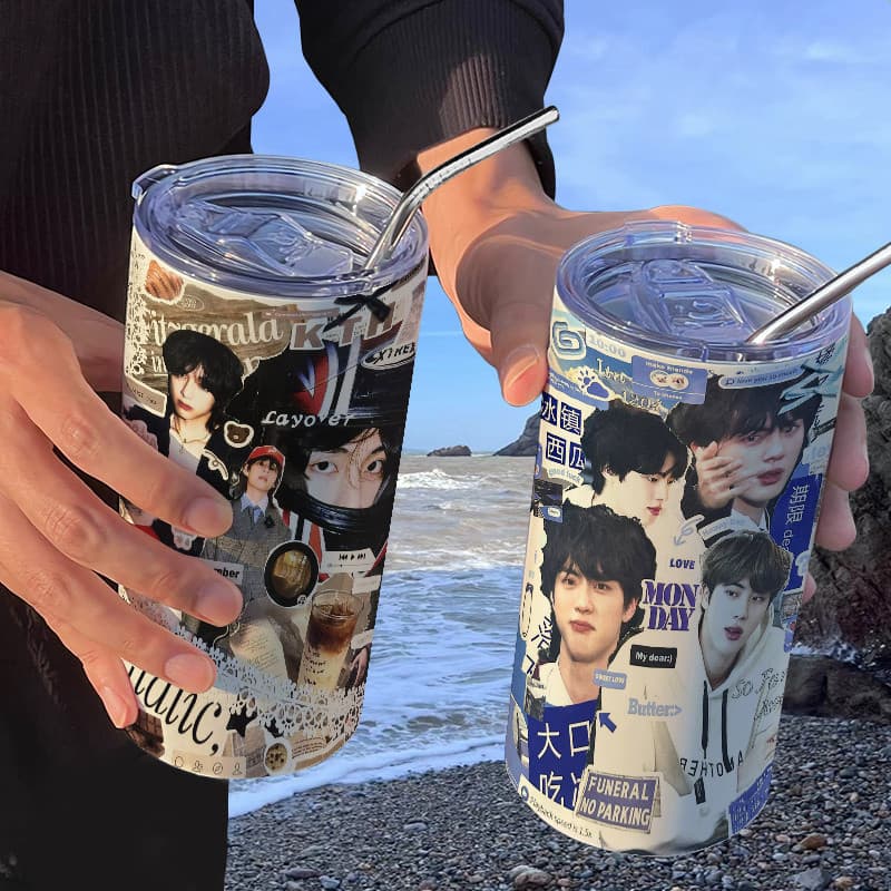 Copo térmico BTS Bangtan Boys com canudo, copo casual para café, copo térmico portátil de aço inoxidável com canudo.