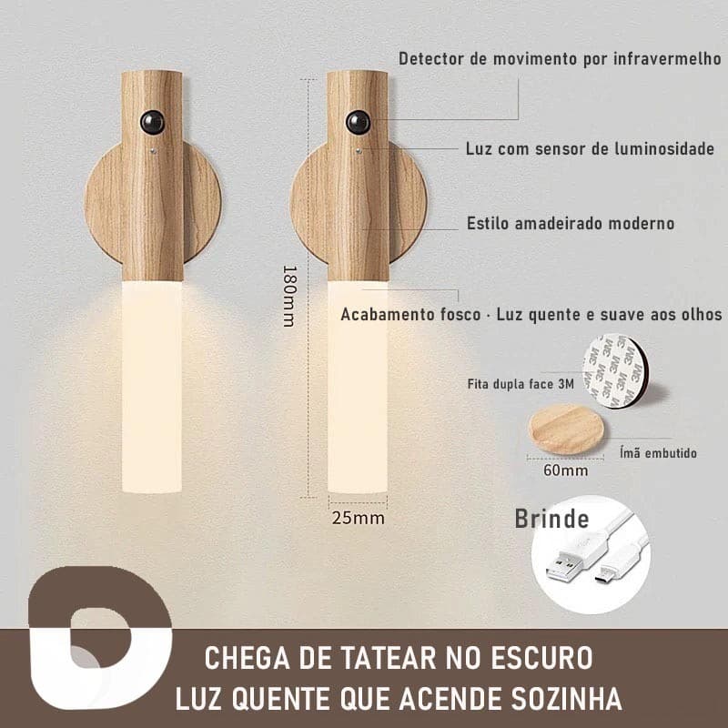 Luminaria Led Recarregável Sensor de Movimento Arandela de Madeira Minimalist Mesa Parede Magnética