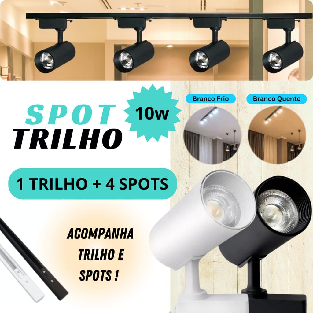 Trilho de Loja Vitrine de Shopping SPOT LED 10W cor BRANCO ou PRETO 1 TRILHO E 4 SPOTS