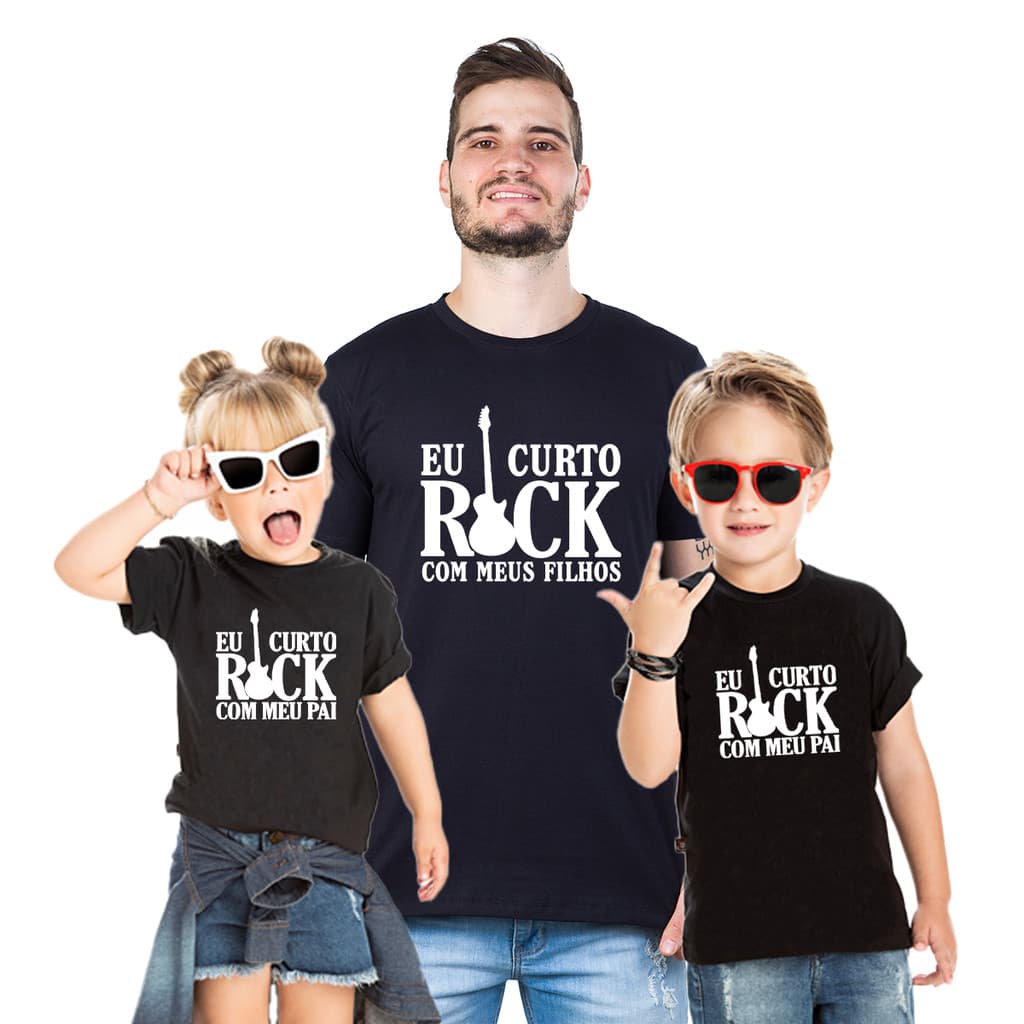 Kit Tal Pai Tal Filhos KIT 3 Camisetas Eu Curto Rock Com Meu Pai e Com Meus Filhos 100% Algodão