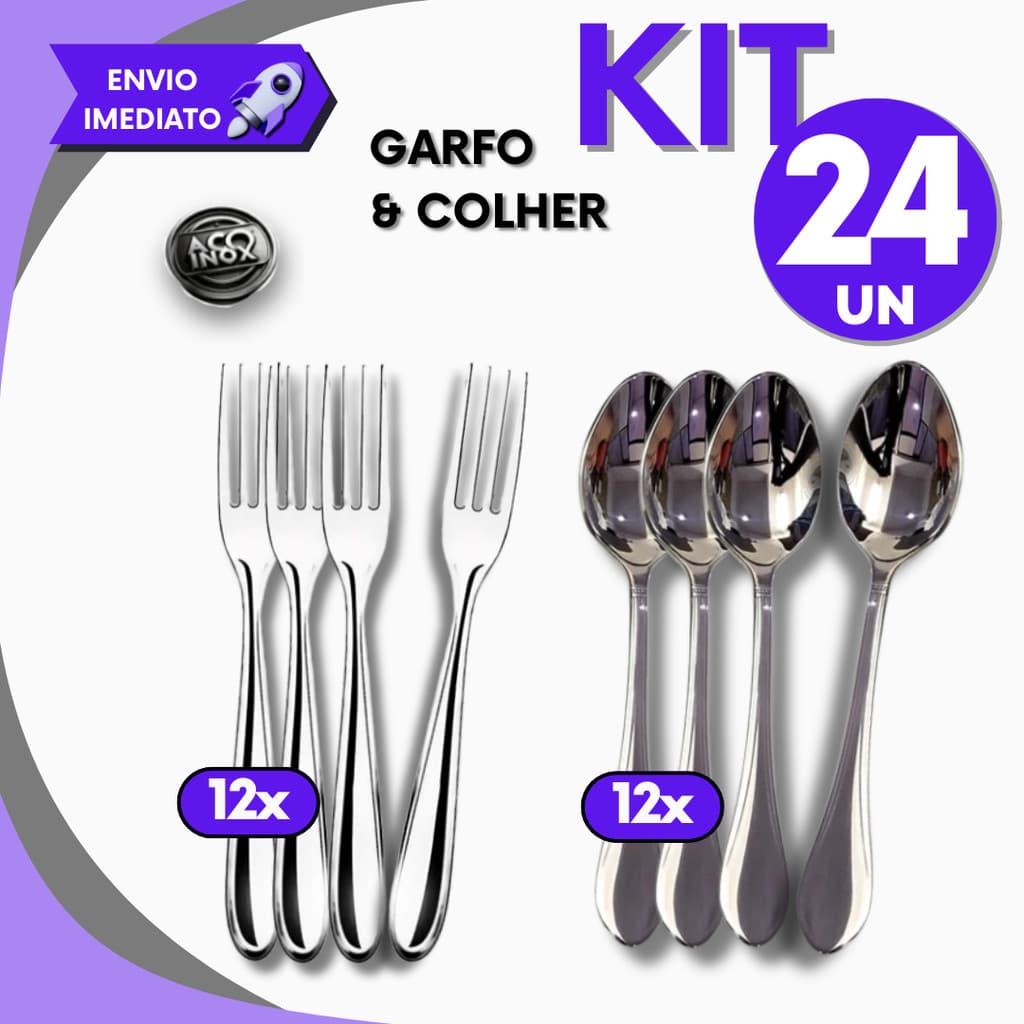 Kit Talher com 24 pçs - 12 Garfos 12 Colheres Aço Inox  Mesa Bar e Restaurante e Casa