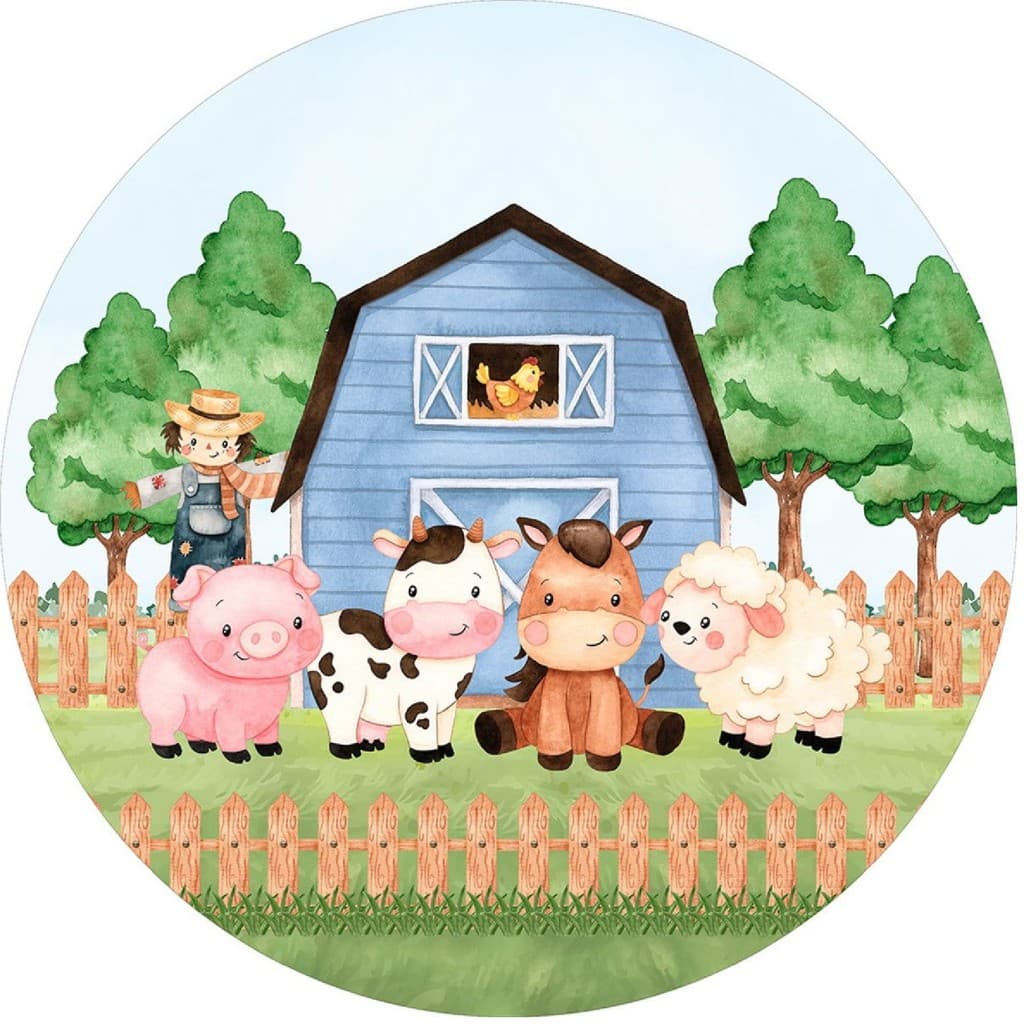 Capa Para Painel Redondo 50x50cm Fazendinha Fazenda Gado Vaca Cavalo Meninos Meninas Roça Aniversário Sublimado