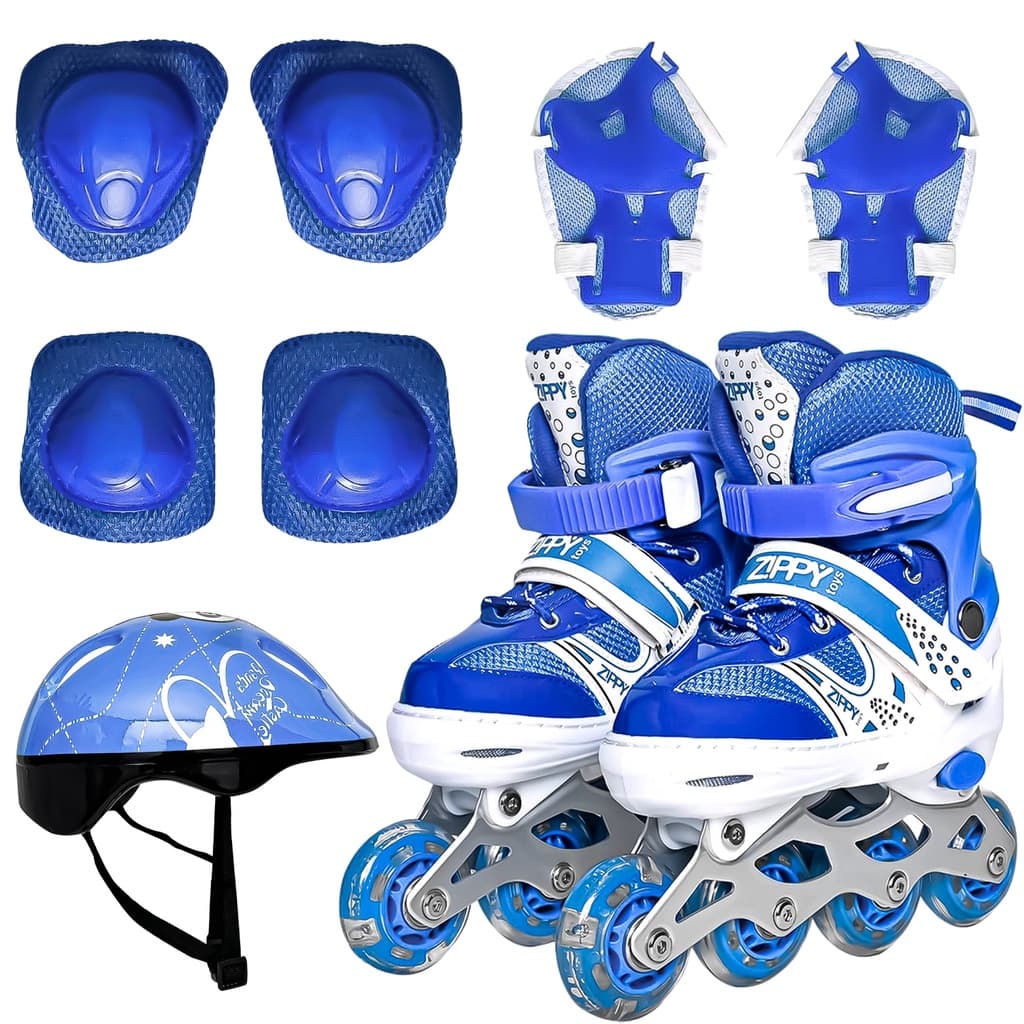 Patins Roller Infantil Inline Azul 4 Rodas Com Ajuste 30-37 + Kit Proteção Completo - Zippy Toys