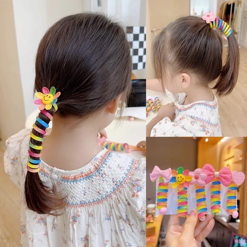 1Pc Arco-Íris Cauda De Pônei Para Crianças Conjunto De Gravata De Cabelo De Menina Kit De Conto De Corda Bobina
