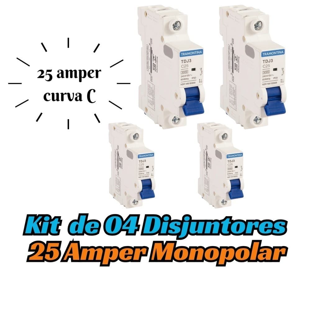 Kit 04 Disjuntores Unipolar 25A Curva C Din Tramontina Tdj3 3ka