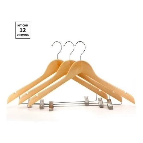 Kit 12x Cabides De Madeira Com Presilha Verniz Marfim Roupa