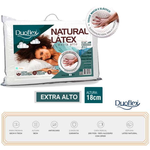 Travesseiro Natural Látex Extra Alto Duoflex -Antiácaro - Conforto Térmico - Confortável - Indeformável - Alto Padrão de Qualidade