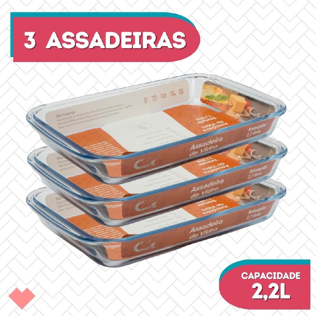 Kit 3 Refratário Vidro Retangular 2,2L  Freezer S/ Tampa