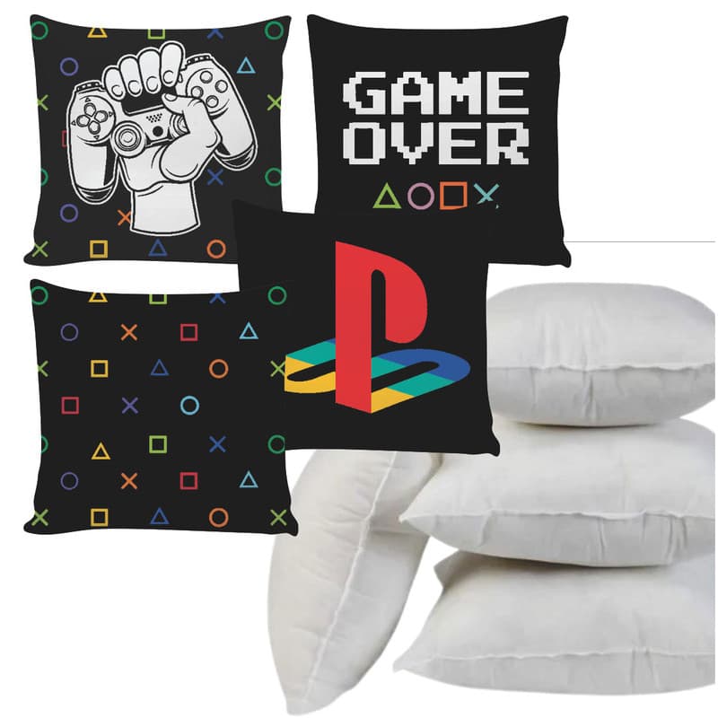 Kit 4 Almofadas Cheias Decorativas Enchimento de Silicone 45x45cm Game Over