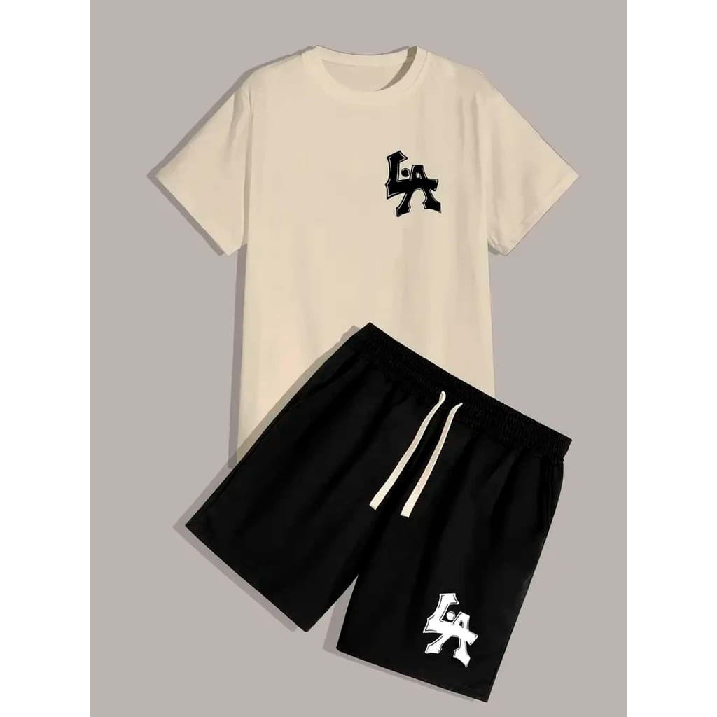 Conjunto Masculino camiseta e Short LA camisa 100% algodão Bermuda Tactel