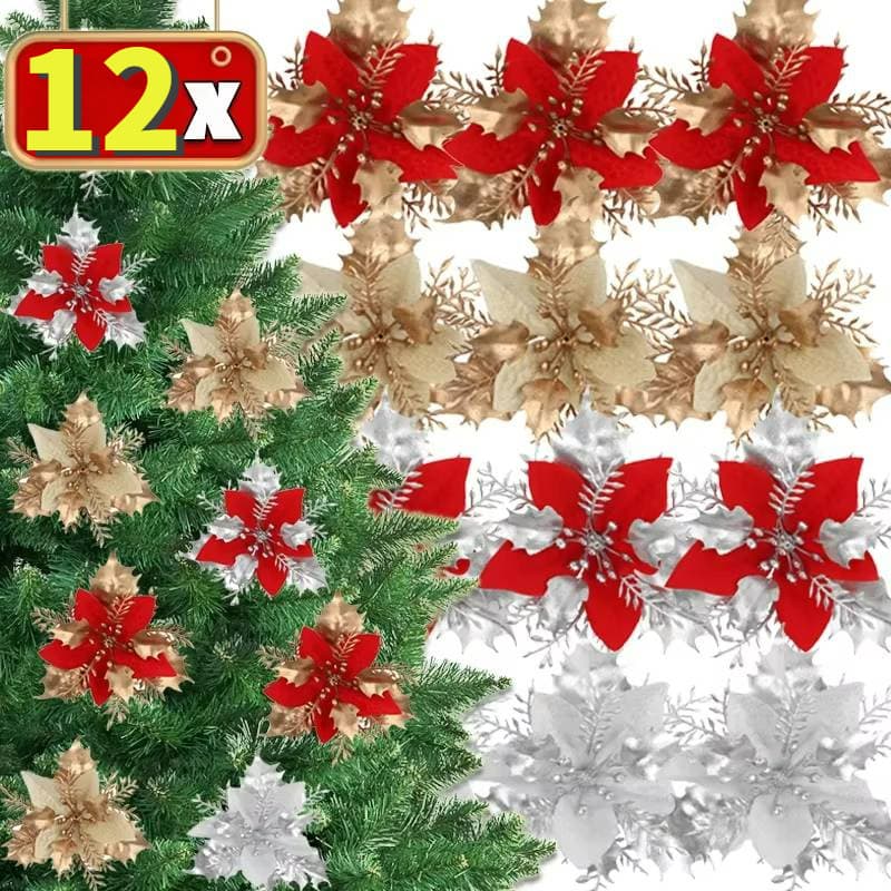 Produtos De Decoração De Natal-12 Pcs Flores Artificiais Com Glitter-Pingente Suspenso De Plástico Falsas Decorativo De