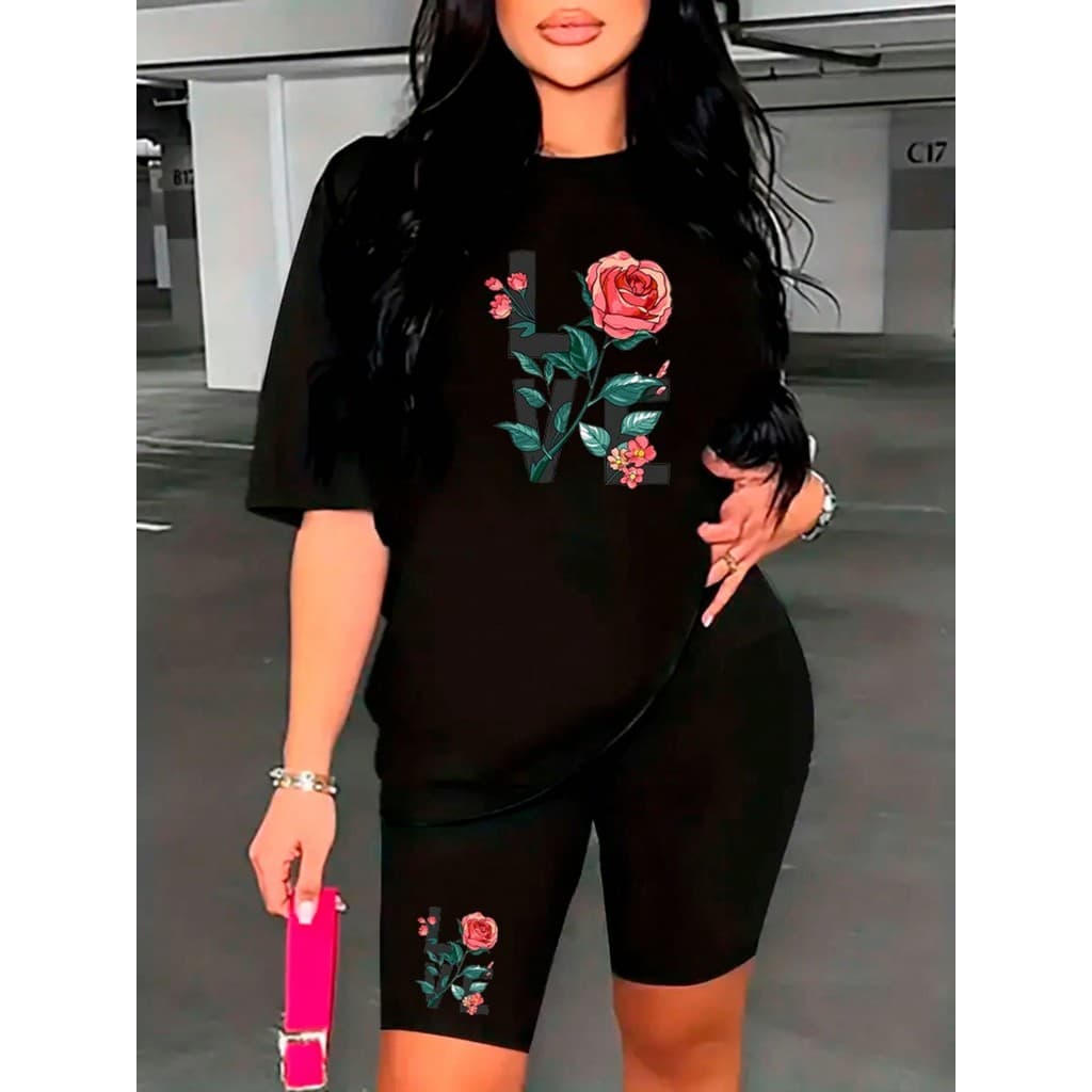 conjunto camiseta e Shorts Leggings feminino love Cintura Alta Bermuda Meia Coxa Fitness zero transparência