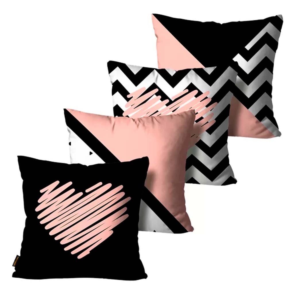 Kit 4 Capas de Almofadas Decorativas Rosa e Preto - 45x45cm