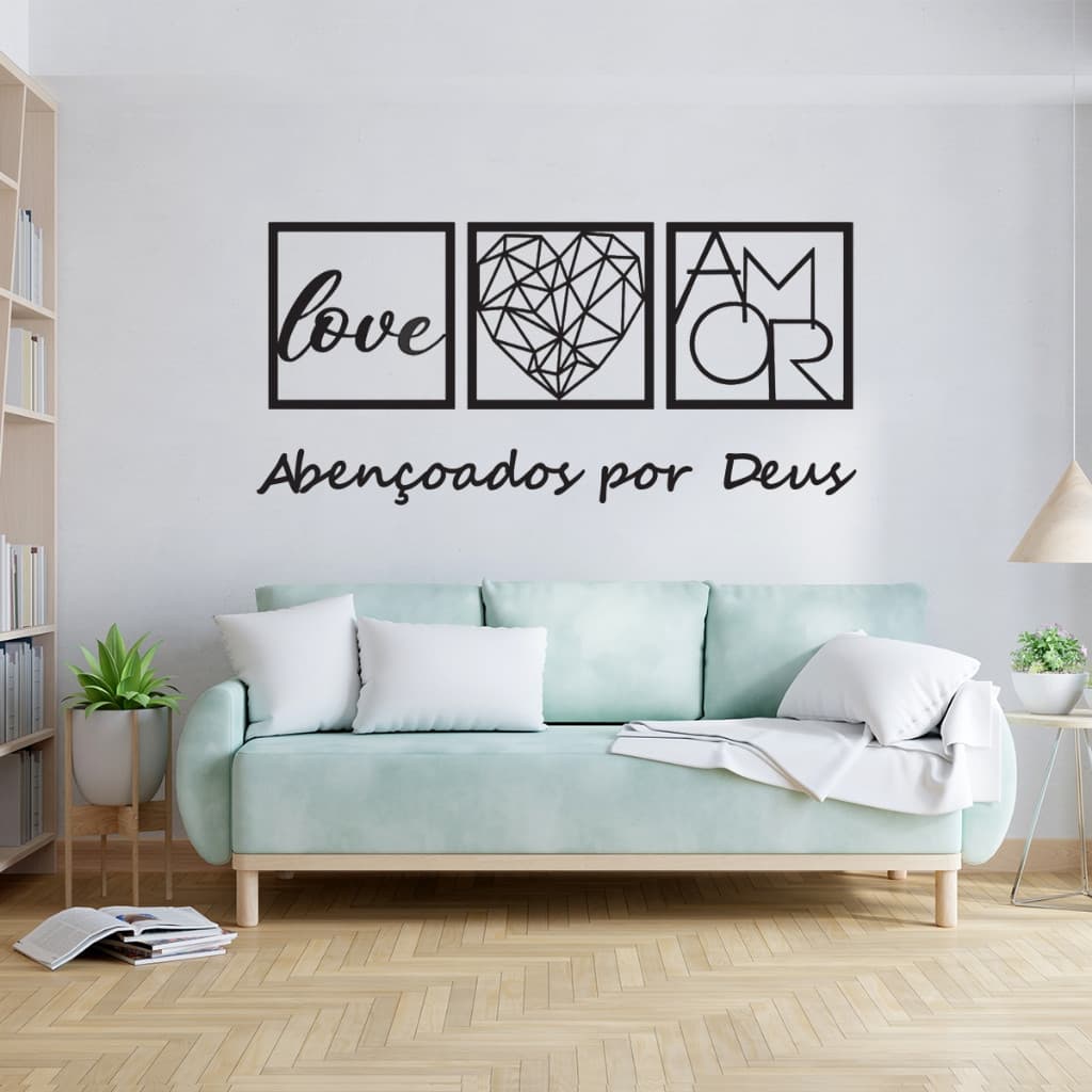 KIT 3 Quadros MDF Abençoados por Deus, Love e Coração Amor Frase de Parede Religioso