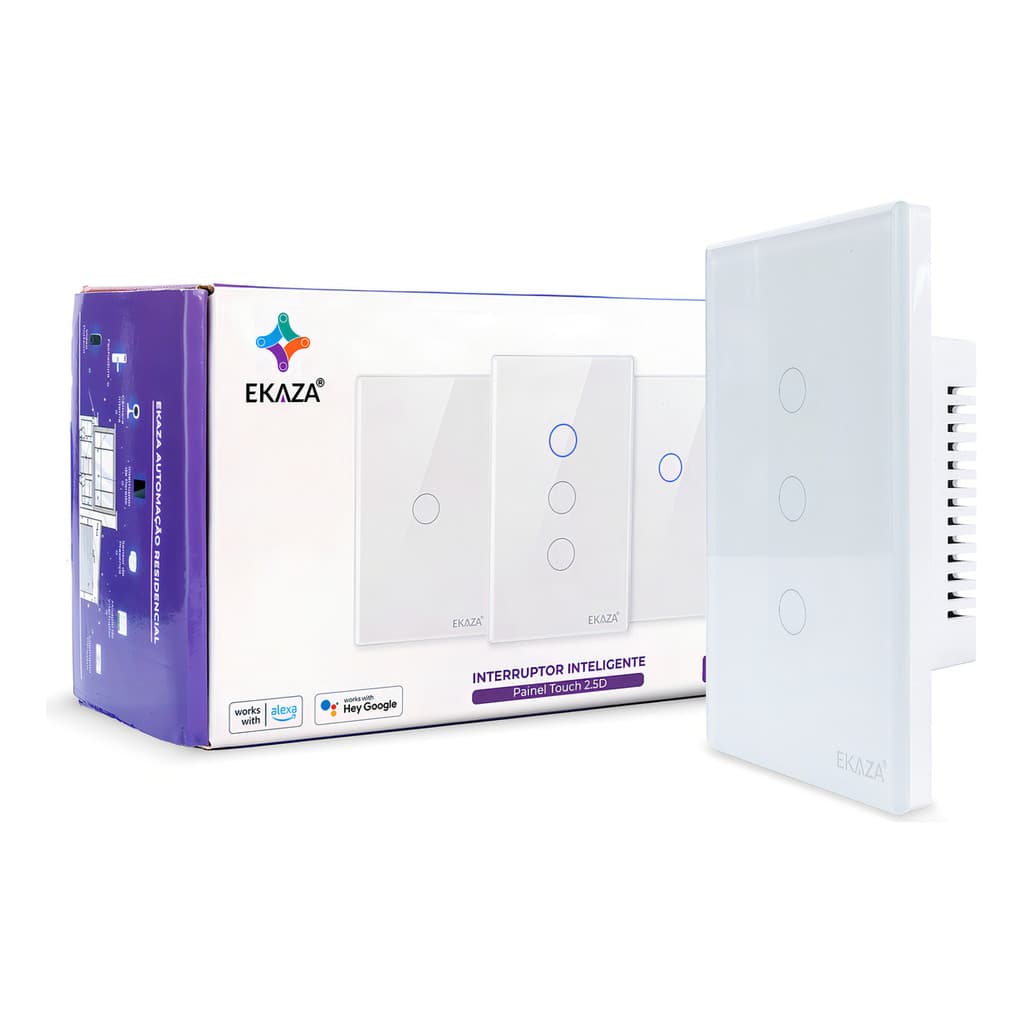 Interruptor WiFi Inteligente Ekaza 3 Botões Touch Compatível Alexa Google App Tuya Branco Top Reside