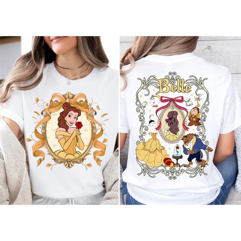 Camiseta Masculina Feminina Oversized Algodão de Qualidade Estampa Princesa Bela A Bela e a Fera Frente e Verso T-shirt