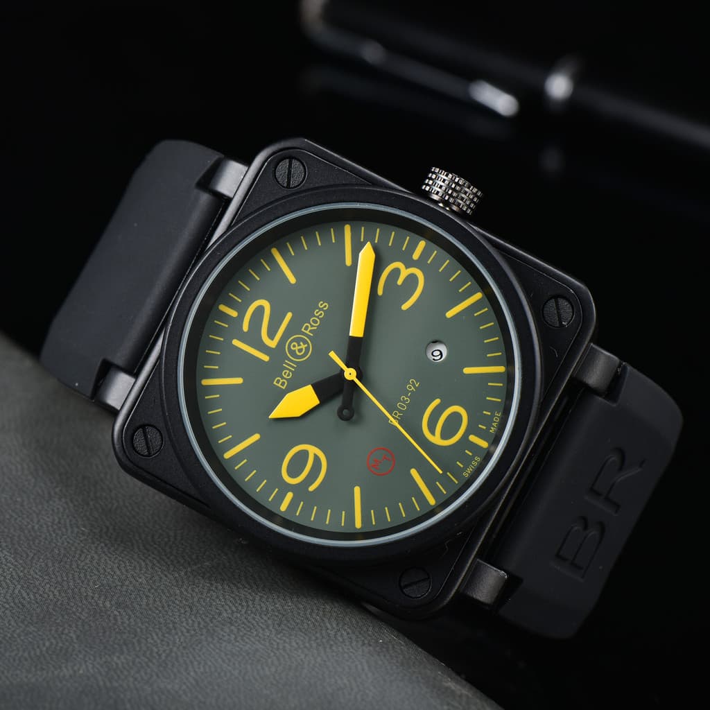 Moda automática mecânica Bell & R marca calendário quadrado borracha banda relógio masculino