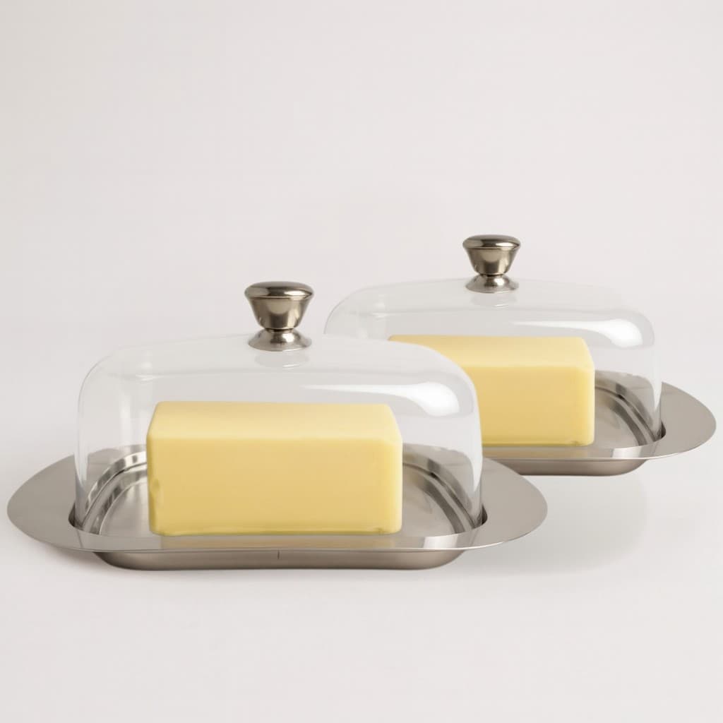 MANTEIGUEIRA PLANA EM AÇO INOX COM TAMPA ACRÍLICA TRANSPARENTE – ELEGÂNCIA E PRATICIDADE NA SUA MESA