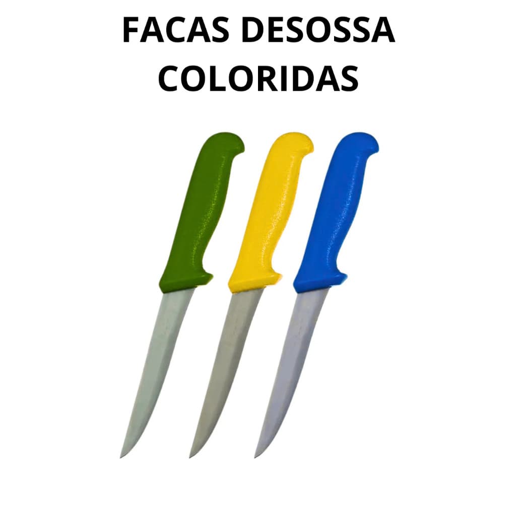 JOGO 3 FACA PARA DESOSSAR 6" AÇO INOX CORES AMARELO AZUL E VERDE