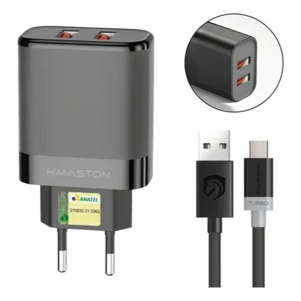 Carregador Tipo-C V8 de Carregamento Turbo 25w Fonte 5-1A Super 2 Entradas USB Preto/Branco