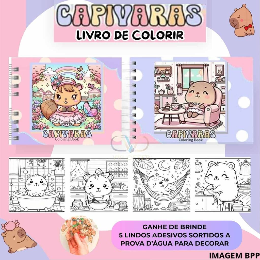 Livro De Colorir Capivara Desenhos Capa Dura Premium Com Brilho Holográfica Caderno Para Crianças E Adultos Pintar