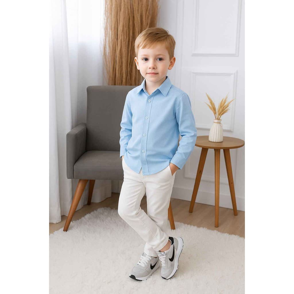 Conjunto Roupa Social Calça Branca Camisa Azul Claro Formatura Pajem Casamento Festa Infantil