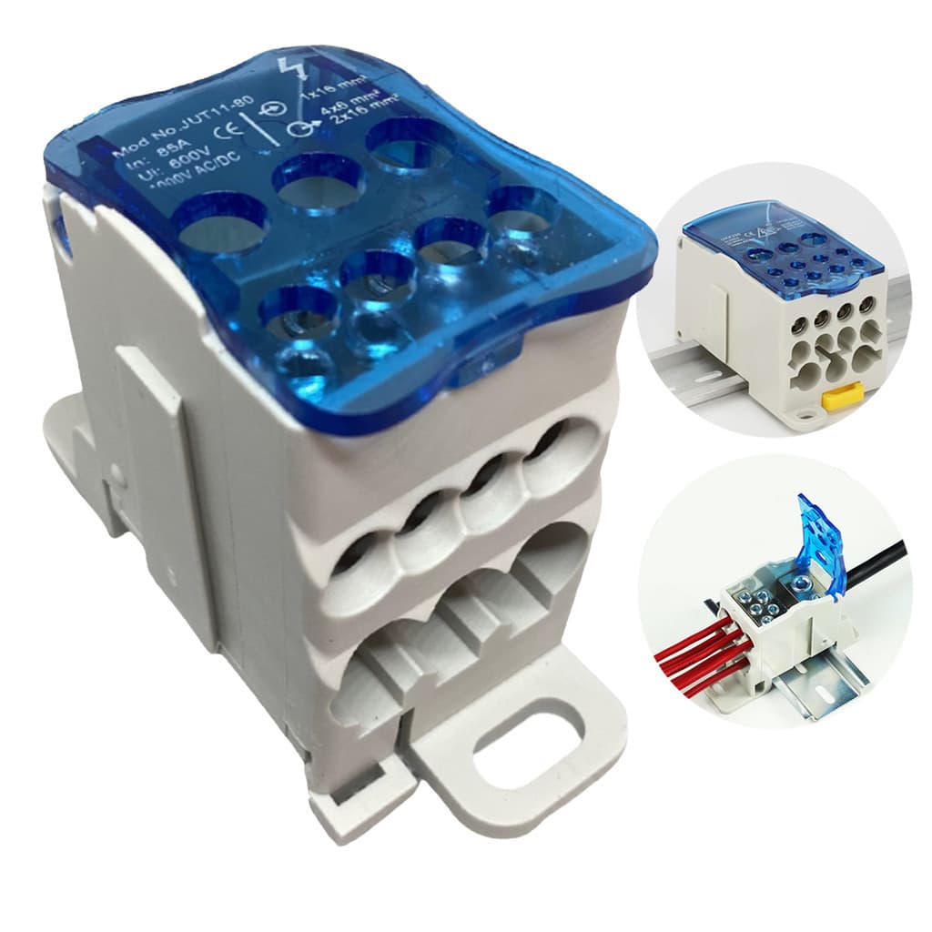 Conector Elétrico Bloco de Distribuição Modular Compacto 1 entrada 6 saídas Ukk 80a Fixação Trilho Din - 1un