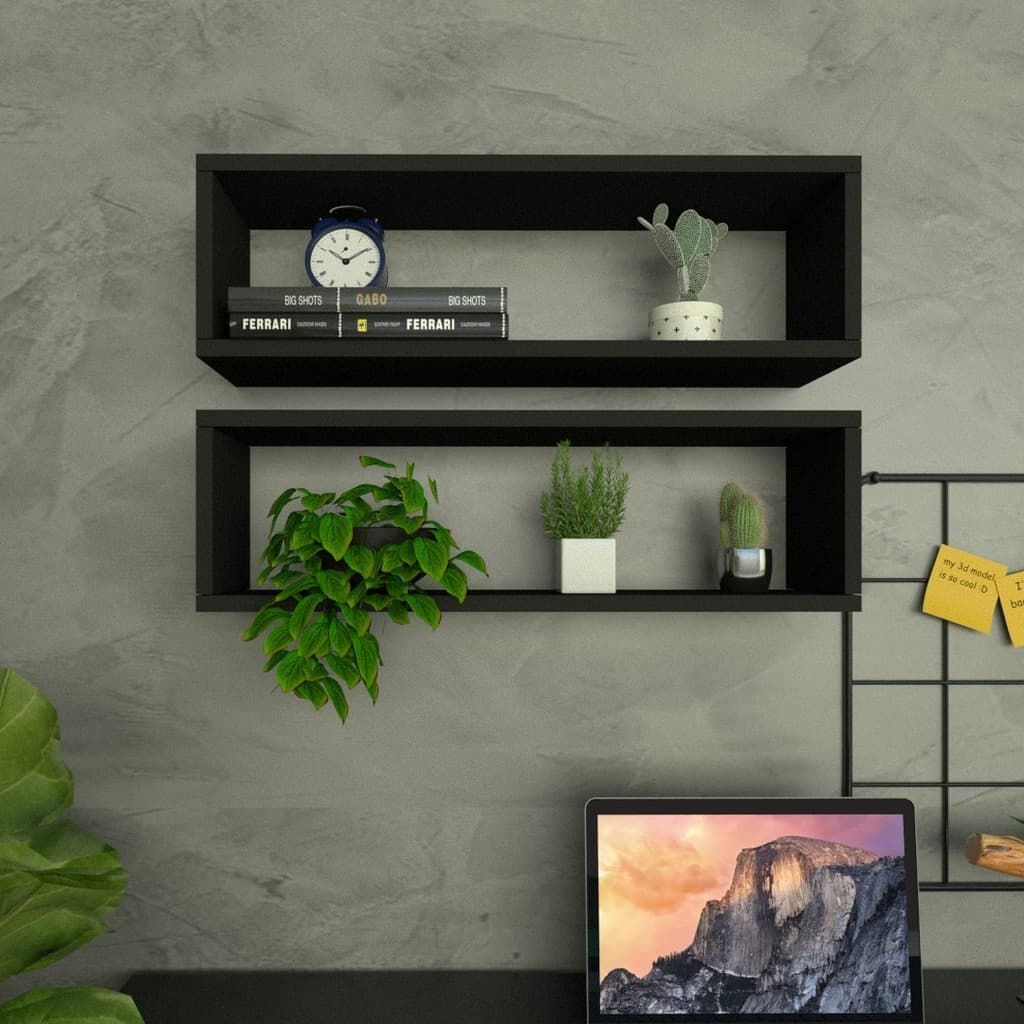 Kit 2un Nicho Retangular P15cm Minimalista Preto MDF Organizador Escritório Quarto Sala