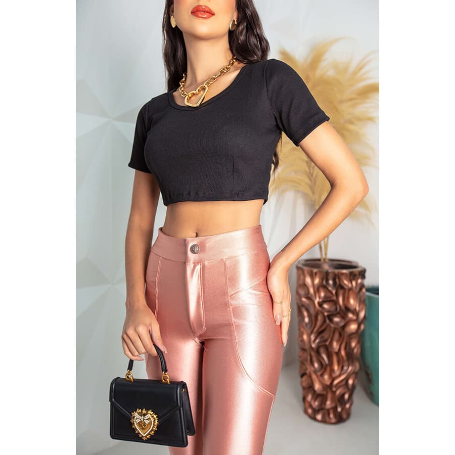CYNDRA Blusina Top Cropped Ribana Canelado Manga Curta Moda verão liso Feminina