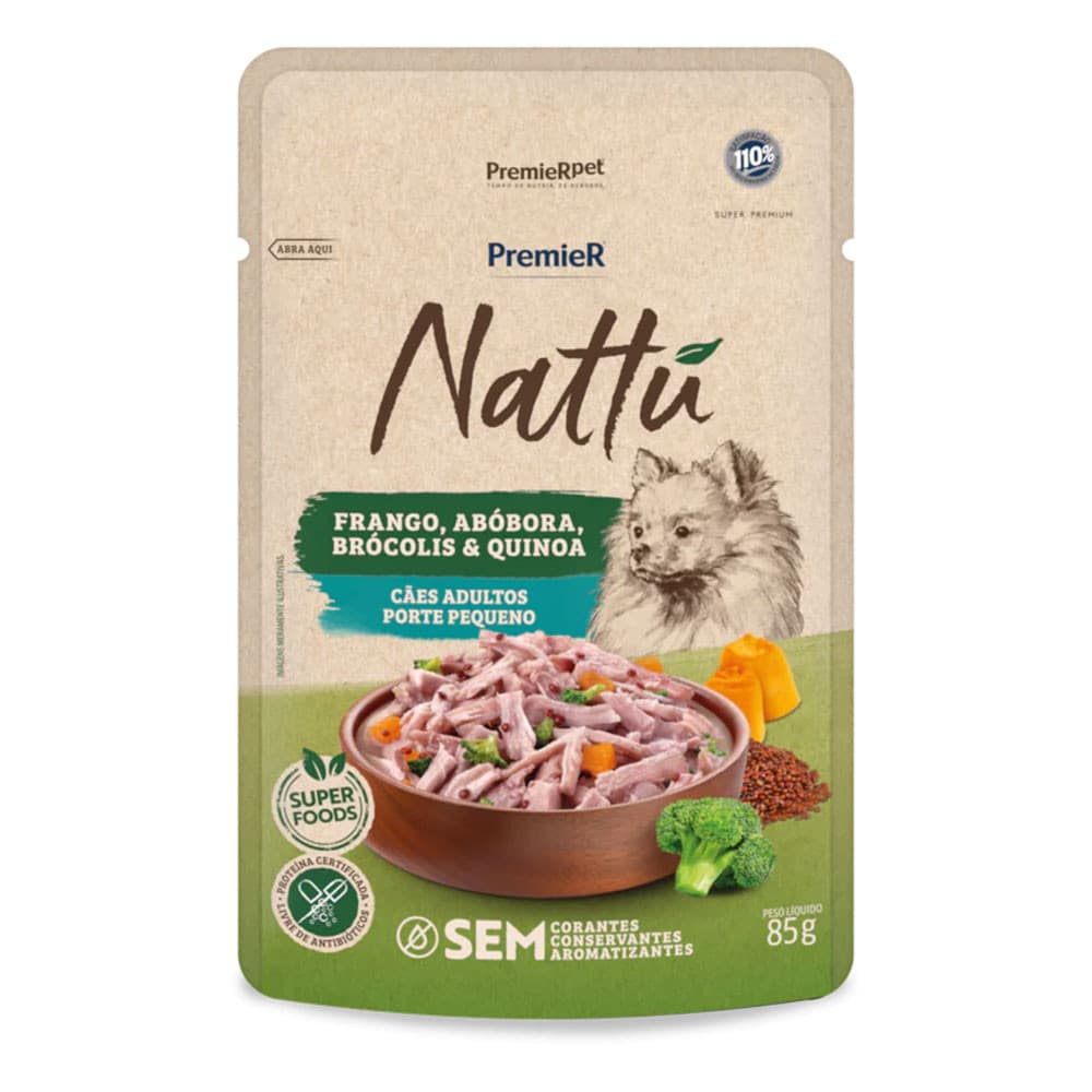 Ração Úmida Premier Nattu Sachê Cães Adultos Porte Pequeno Frango, Abóbora, Brócolis e Quinoa 85g