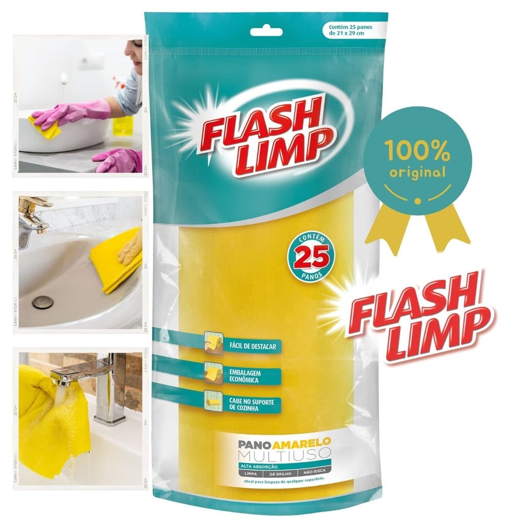 Rolo Pano Multiuso Amarelo Flash Limp Com 25 Unidades De 21x29cm