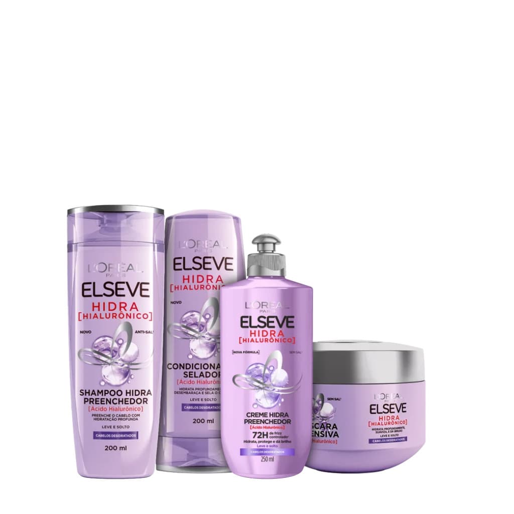 Kit Elseve Hidra Hialuronico Loréal Paris Shampoo 200ml + Condicionador 200ml + Máscara 300g + Creme de pentear 250ml