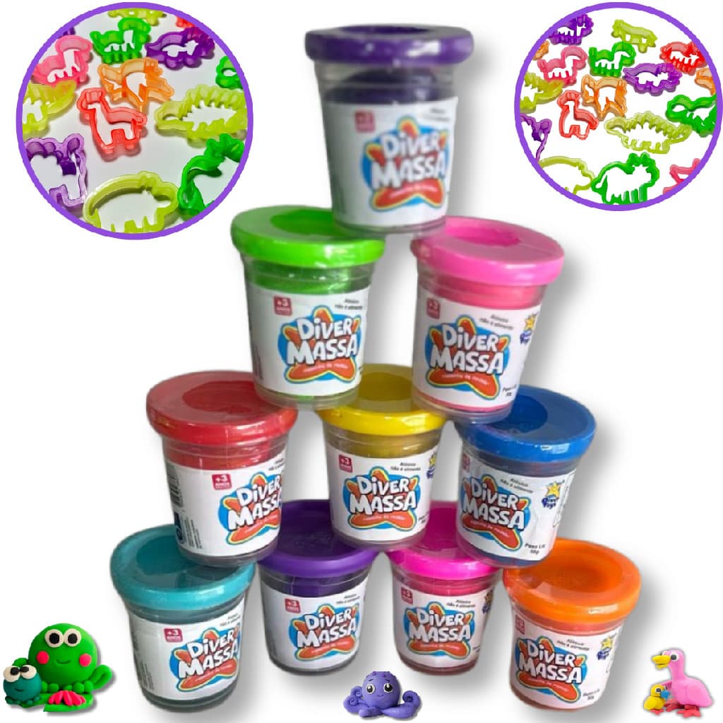 Kit 10 Massinha de Modelar + 4 Cortador Molde Kit Festa Lembrancinha Infantil Escolar