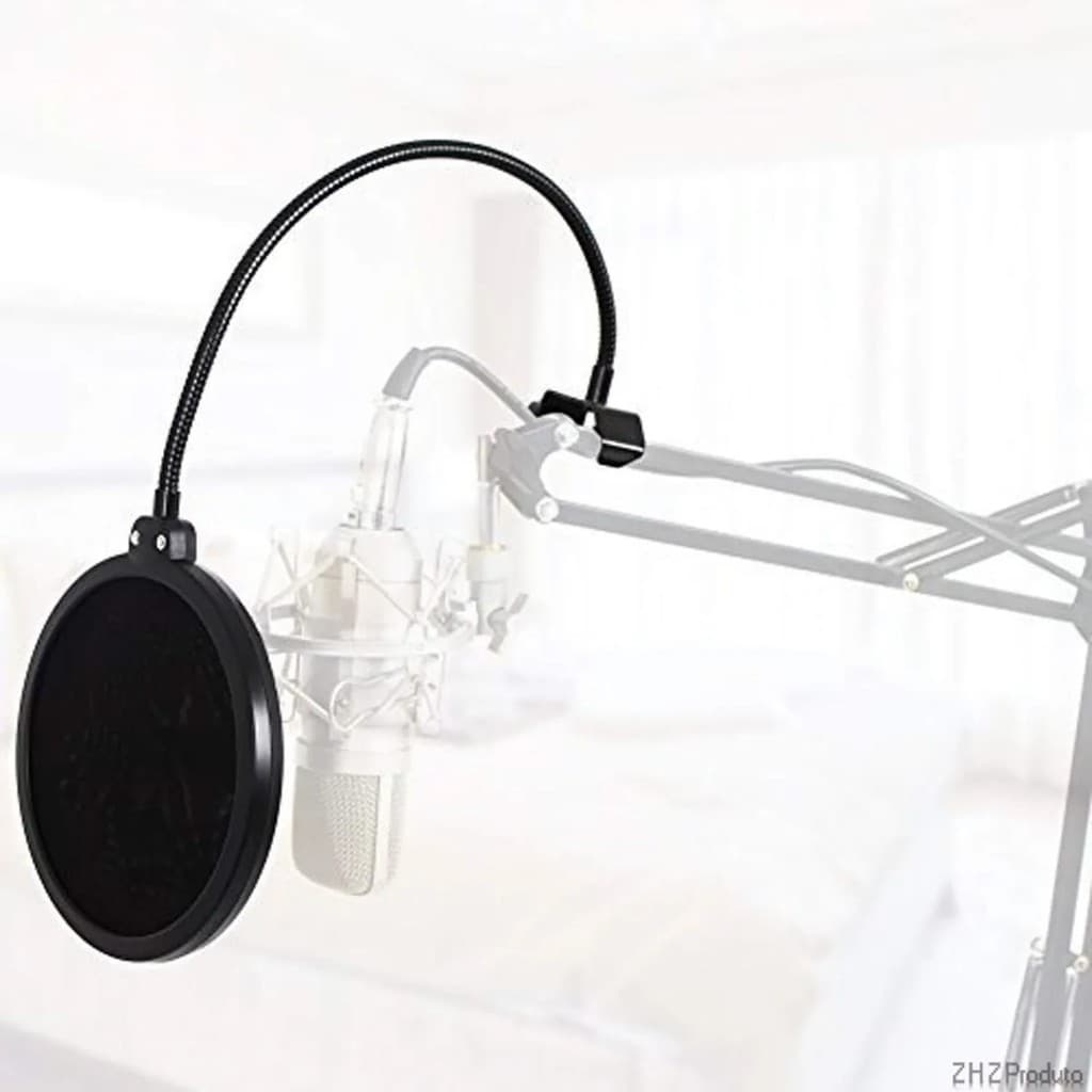Pop Filter Anti Puff para Microfone Condensador, Estúdio e Haste Flexível Universal