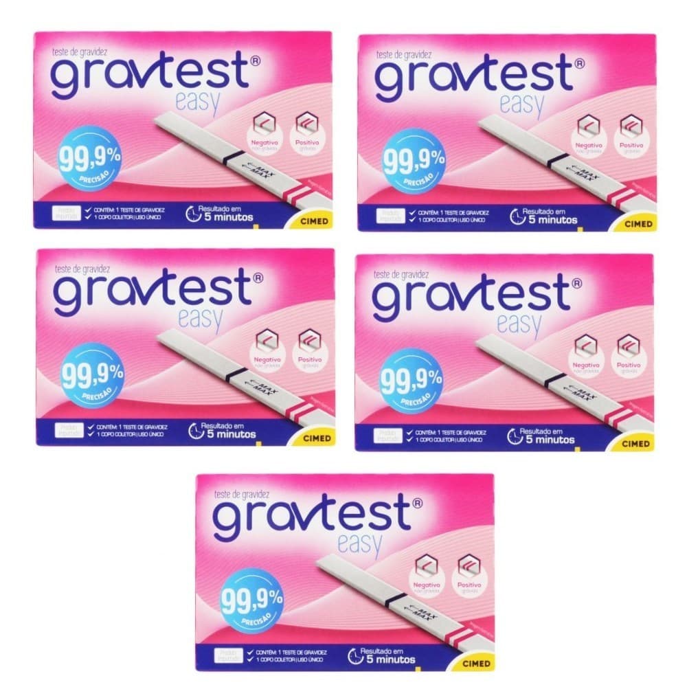 Kit com 5 Teste de Gravidez Gravtest Easy Cimed 99,9% Precisão