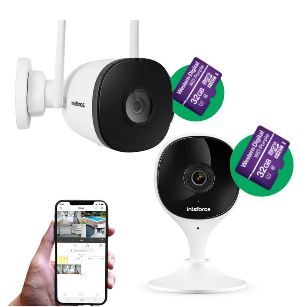 Kit Câmera Segurança Mibo Intelbras Wifi: 1 Câmera Interna e 1 Externa Wi-Fi Com HD Purple 32GB